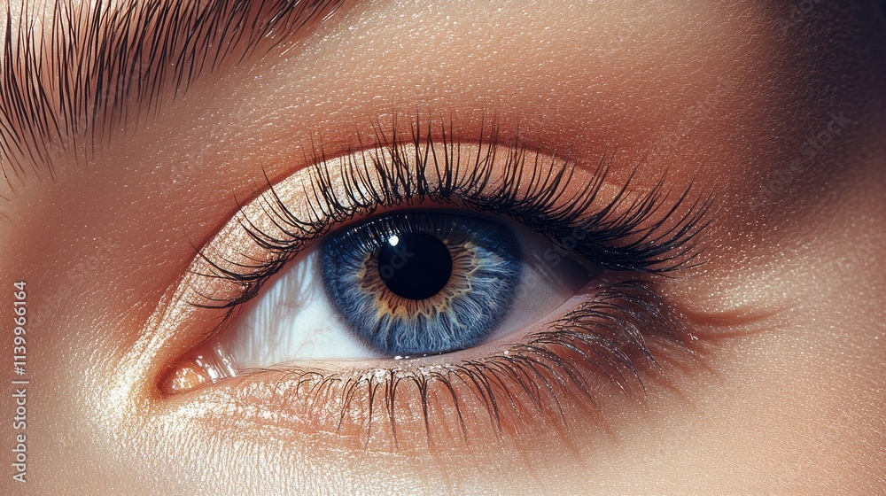 Obraz premium Detailed view of an eye showcasing eyelash extensions, with delicate lower lashes and a clean aesthetic.