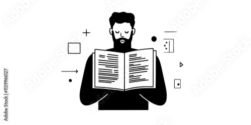 A person reading grammar explanations from a foreign language guidebook, Digital Art