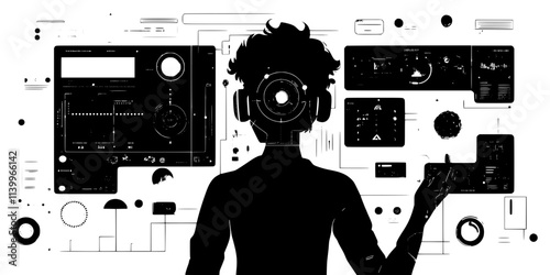 A person selecting character abilities while exploring a virtual setting, Digital Art