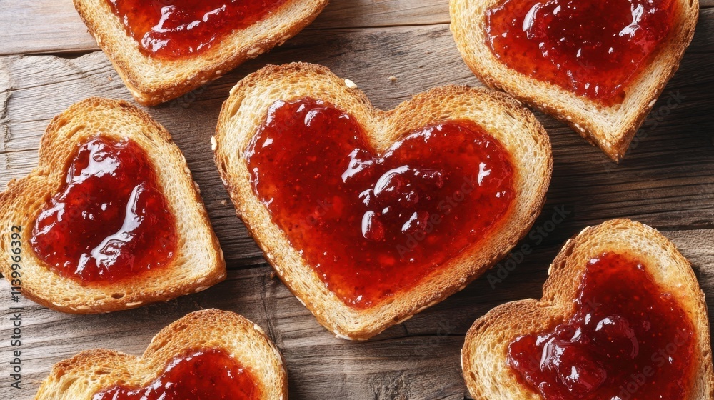 Heart-shaped jam spread on golden-brown toast, arranged on a wooden breakfast table from above Heart-shaped jam spread on golden-brown toast, arranged on a wooden breakfast table from above