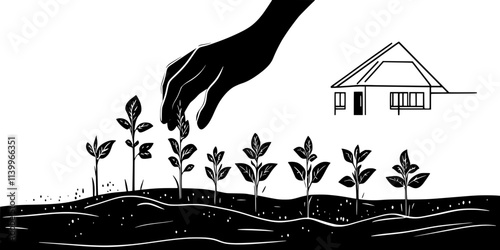 Person transplanting vegetable seedlings into a garden bed outside a rural home, Digital Art