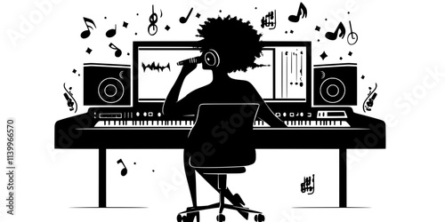 Pop singer recording vocal tracks in a sound booth for an album, Digital Art