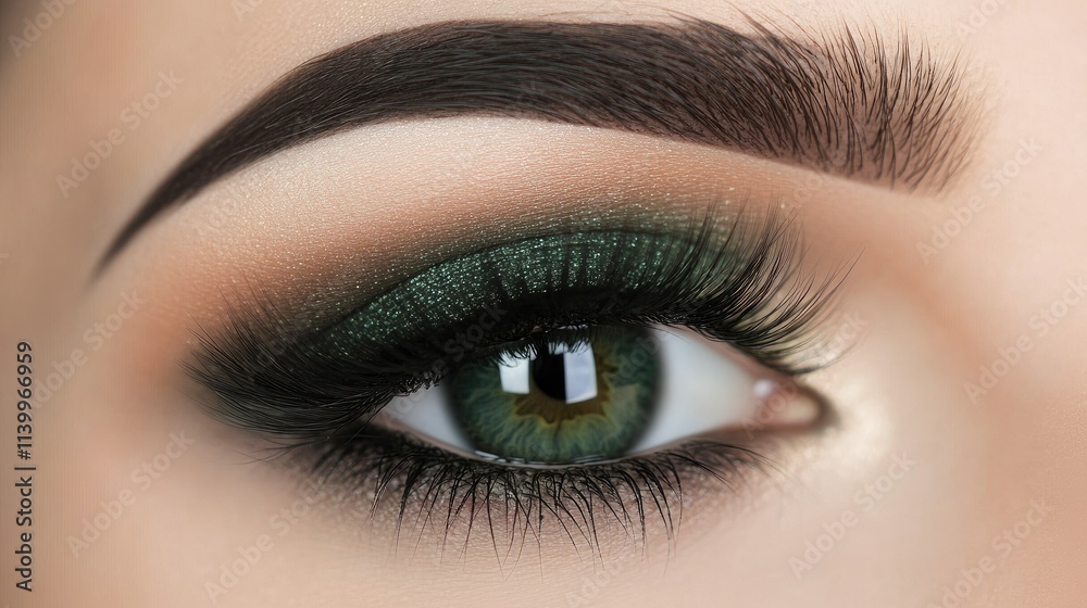 Detailed view of a green eye with wispy lash extensions, enhanced by a subtle gradient of eyeshadow. Detailed view of a green eye with wispy lash extensions, enhanced by a subtle gradient of eyeshadow.