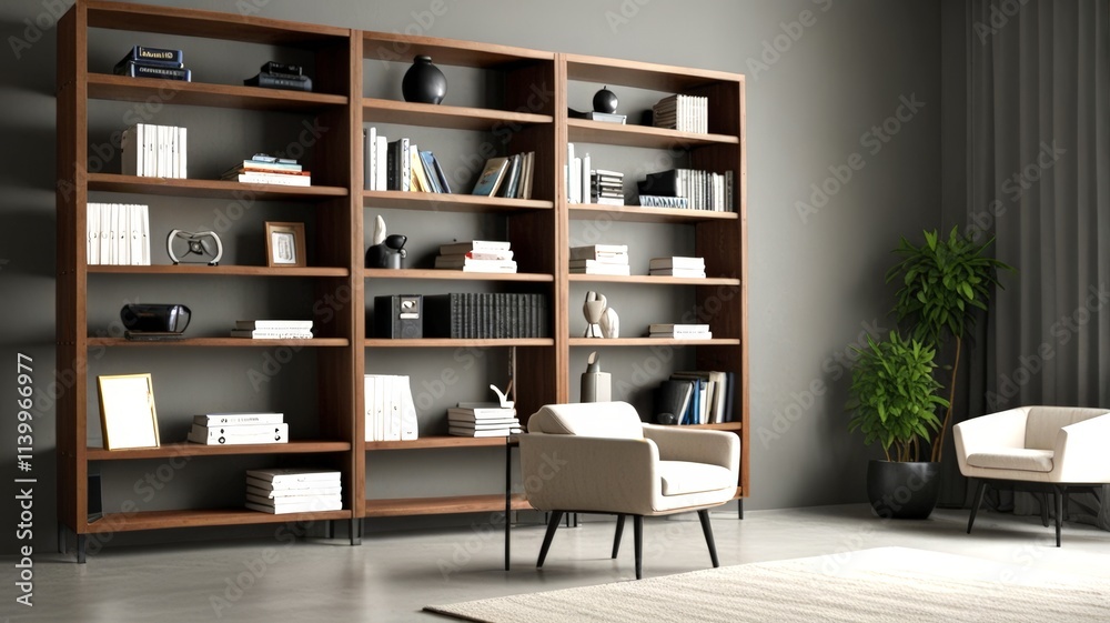 A stylish study area features a wooden bookshelf filled with books and decor items, complemented by a comfortable armchair and a vibrant plant, enhancing the cozy atmosphere. A stylish study area features a wooden bookshelf filled with books and decor items, complemented by a comfortable armchair and a vibrant plant, enhancing the cozy atmosphere.