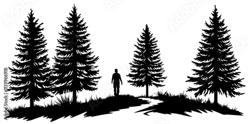 Single hiker trekking down a wide trail bordered by tall trees, Digital Art