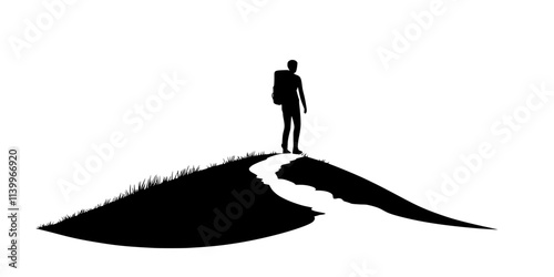 A single person hiking on a trail stretching into the distance, Digital Art