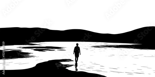 A solo hiker crossing a wide riverbed in a wilderness area, Digital Art