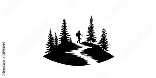 Solo hiker moving down a well-defined trail surrounded by tall trees, Digital Art
