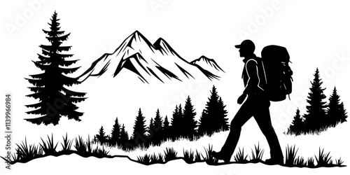 A solo hiker walking along a long-distance trail with a large backpack, Digital Art