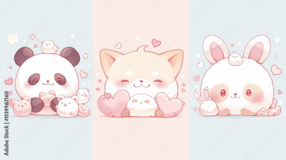 Cute cartoon animals with pastel colors, featuring a panda, cat, and bunny. Cute cartoon animals with pastel colors, featuring a panda, cat, and bunny.