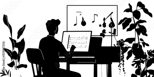 A vocal instructor conducting an online lesson with a student through video call, Digital Art