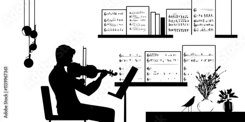 Violinist practicing a sonata in a private studio with sheet music, Digital Art
