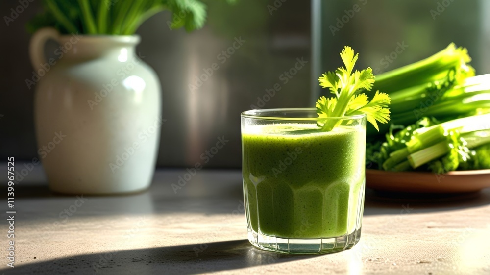 A refreshing green smoothie is presented in a glass with a celery garnish, surrounded by fresh celery stalks, promoting health and vitality in a modern kitchen setting.
A refreshing green smoothie is presented in a glass with a celery garnish, surrounded by fresh celery stalks, promoting health and vitality in a modern kitchen setting.