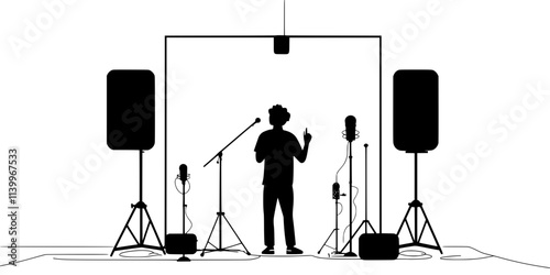 An individual using props to replicate realistic sounds within a soundproof studio environment, Digital Art