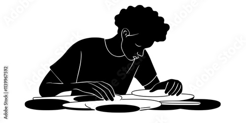 Artist assembling carved wooden pieces to create a larger abstract art form, Digital Art