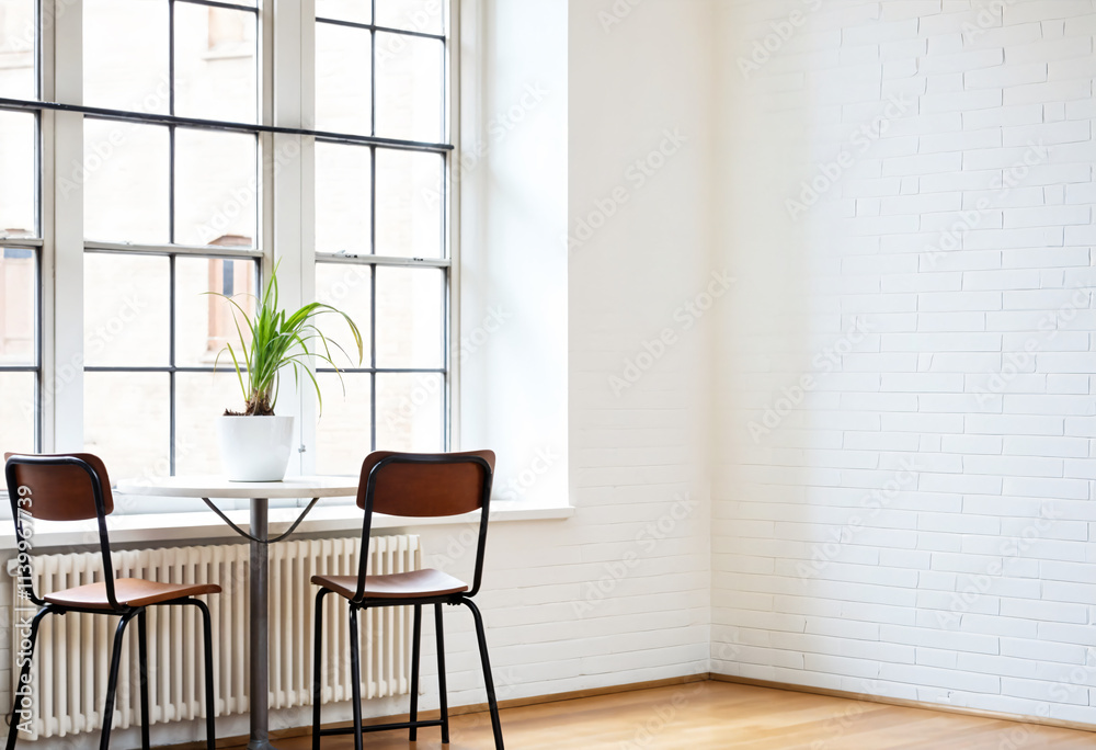 Inside a coffee shop or restaurant with white brick walls, wooden tables, beautiful wooden chairs, comfortable tables and chairs. Inside a coffee shop or restaurant with white brick walls, wooden tables, beautiful wooden chairs, comfortable tables and chairs.