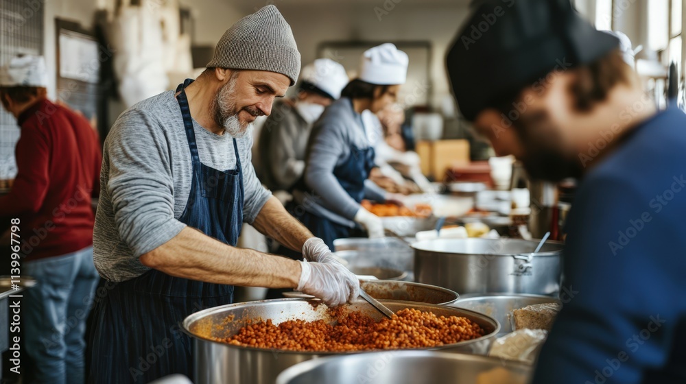 Man prepares food in a large kitchen setting for charity Man prepares food in a large kitchen setting for charity