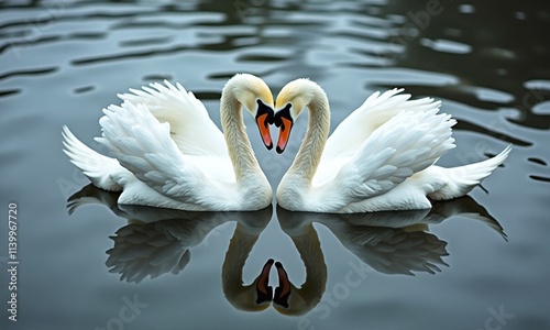 Pair of white swans heart shape symmetrical composition photo