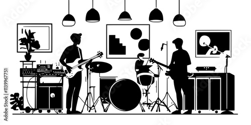 Band rehearsing together in a sound studio before a recording session, Digital Art