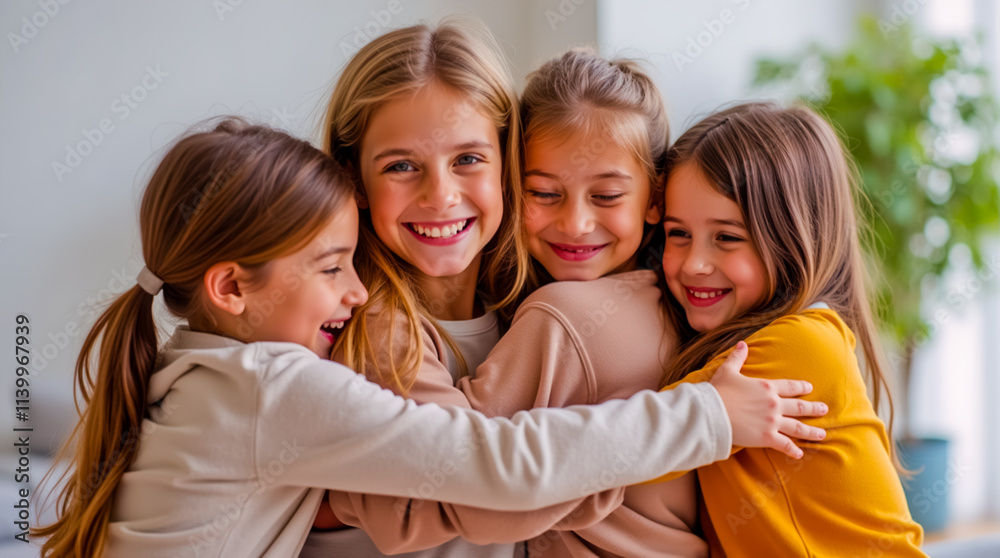 Four young girls are hugging each other with big smiles on their faces