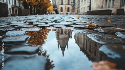 Autumnal Reflection Of Cathedral In City Street Puddle photo