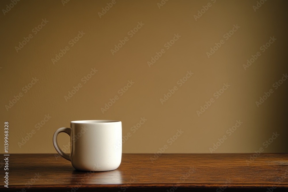 A simple white mug sits on a dark wooden table against a muted brown wall. A simple white mug sits on a dark wooden table against a muted brown wall.