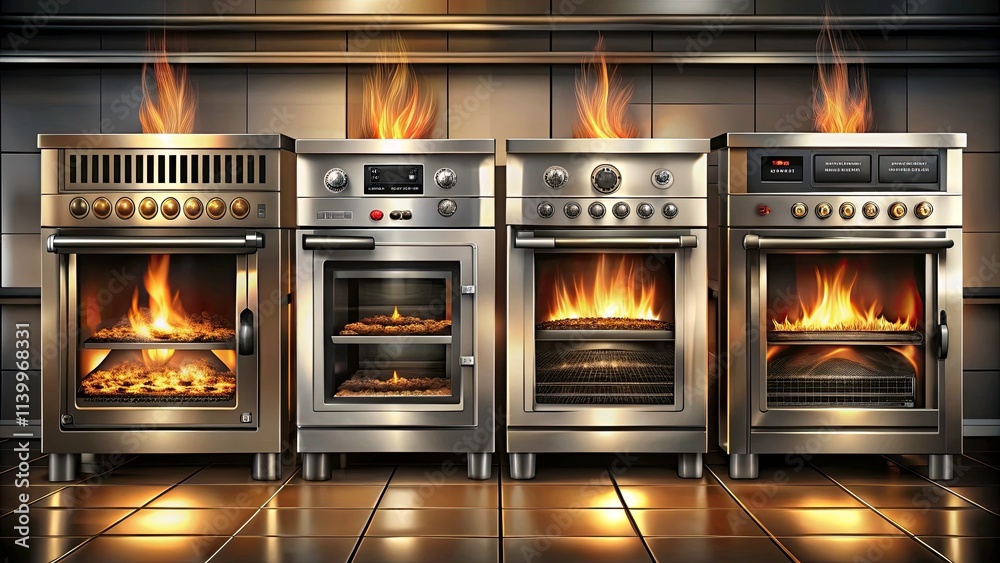 Vector Black and White Clipart Set of Ovens with Burning Fire - High Depth of Field Illustrations for Culinary Themes and Kitchen Designs Vector Black and White Clipart Set of Ovens with Burning Fire - High Depth of Field Illustrations for Culinary Themes and Kitchen Designs