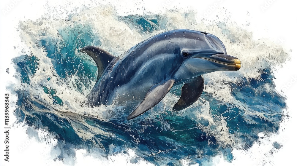 Fototapeta premium Striped dolphin leaping from ocean waves.