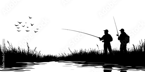 Anglers casting lines from lake or river shorelines, targeting fish, Digital Art