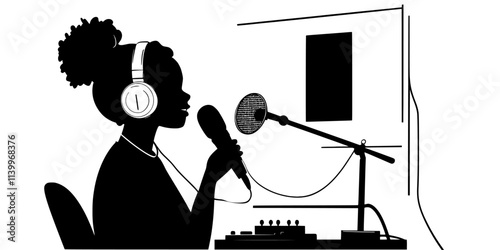 Artist singing into a microphone while sitting at a recording station, Digital Art