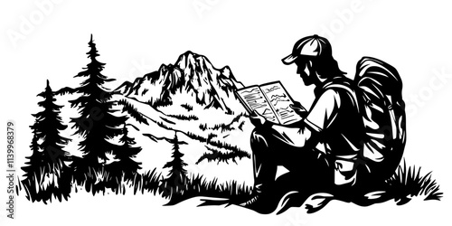 Backpacker studying elevation charts for an upcoming hike in a mountainous area, Digital Art