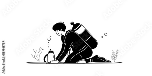 Diver inflating a buoyancy control device while preparing to submerge in the ocean, Digital Art