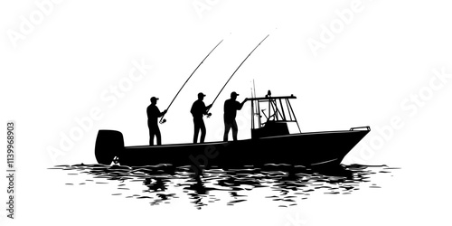 Fishers setting lines along boat stern, targeting deep-sea fish, Digital Art