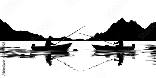 Fishers launching boats into calm lakes for a day of fishing, Digital Art