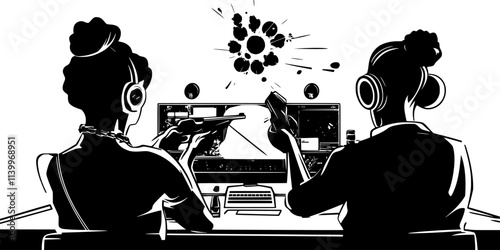 Gamers discussing strategies while aiming and shooting at targets in the game, Digital Art