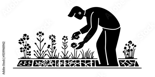 Gardener adding flowering herbs to a pollinator garden in a front yard, Digital Art