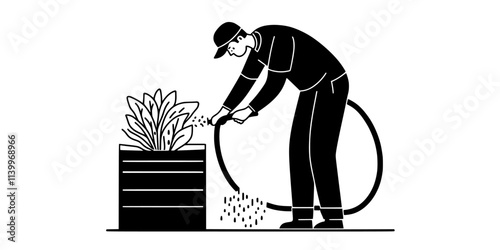 Gardener attaching a hose to a rain barrel spout for manual watering, Digital Art