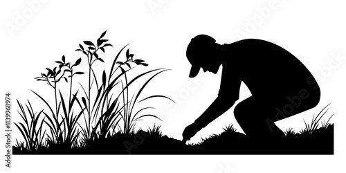 Gardener digging holes for native trees to enhance the backyard landscape, Digital Art