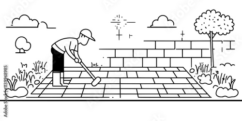 Gardener cleaning a garden path to prepare for new paving materials, Digital Art