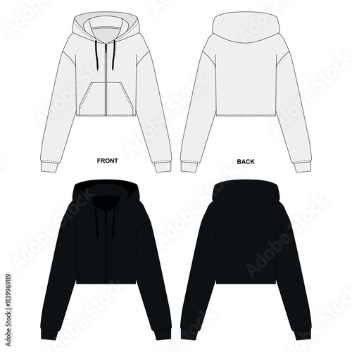 Set of flat cutout patterns of basic cropped hoodie in black, zipper front, front and back view, vector. Sketch of a fashionable jacket with zipper and hood and pockets. 