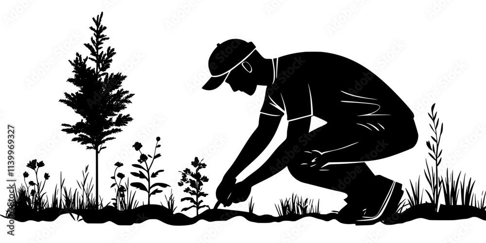 Fototapeta premium Gardener planting trees and bushes strategically for a permaculture food forest, Digital Art