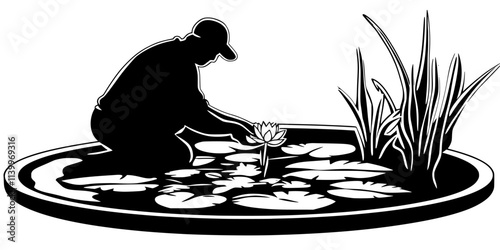 Gardener placing water lilies in a decorative pond in the center of a garden, Digital Art