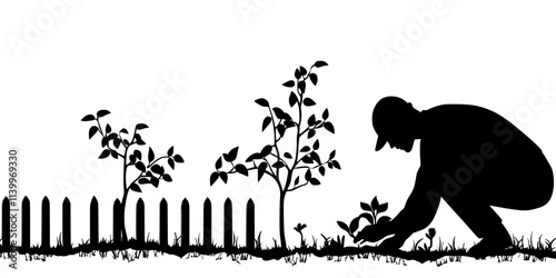 Gardener planting fruit trees along the perimeter of a residential garden, Digital Art
