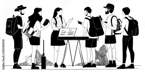 Group discussing travel dates and destinations while planning a group vacation, Digital Art