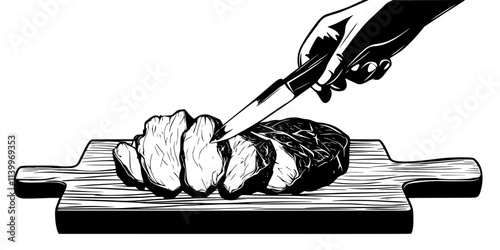 Grass-fed beef being sliced on a cutting board before serving, Digital Art