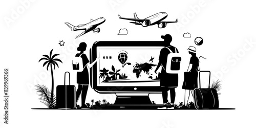 Group member reviewing travel insurance policies for group vacation online, Digital Art