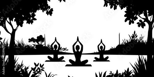 Guests practicing yoga in a secluded clearing during a nature retreat focused on wellness, Digital Art