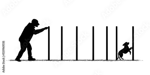 Individual directing a dog to weave through poles during an agility training session, Digital Art