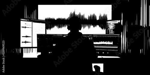 Individual editing sound waves on a screen in a personal studio, Digital Art