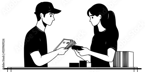 Individual exchanging currency for a trip at a local foreign exchange office, Digital Art